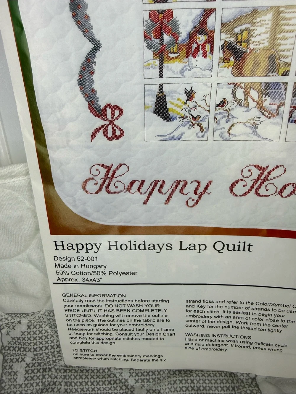 Vintage Herrschners Happy Holidays Lap Quilt Cross Stitch Kit Christmas #52-001